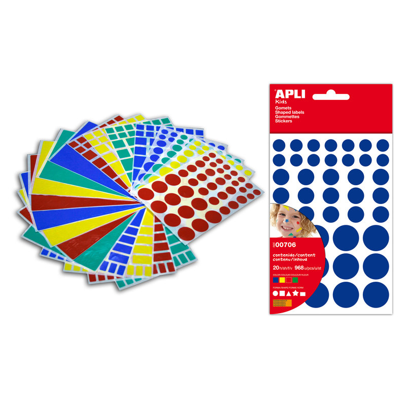 Pack 20 hojas de gomets Apli 4 colores 5 figuras geométriccas surtidas adhesivo permanente